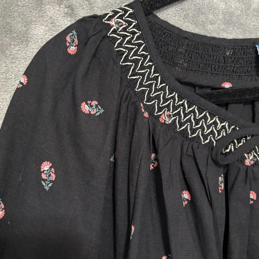 Old Navy Boho Embroidered Black Floral Top Sz 2X Puff Sleeves